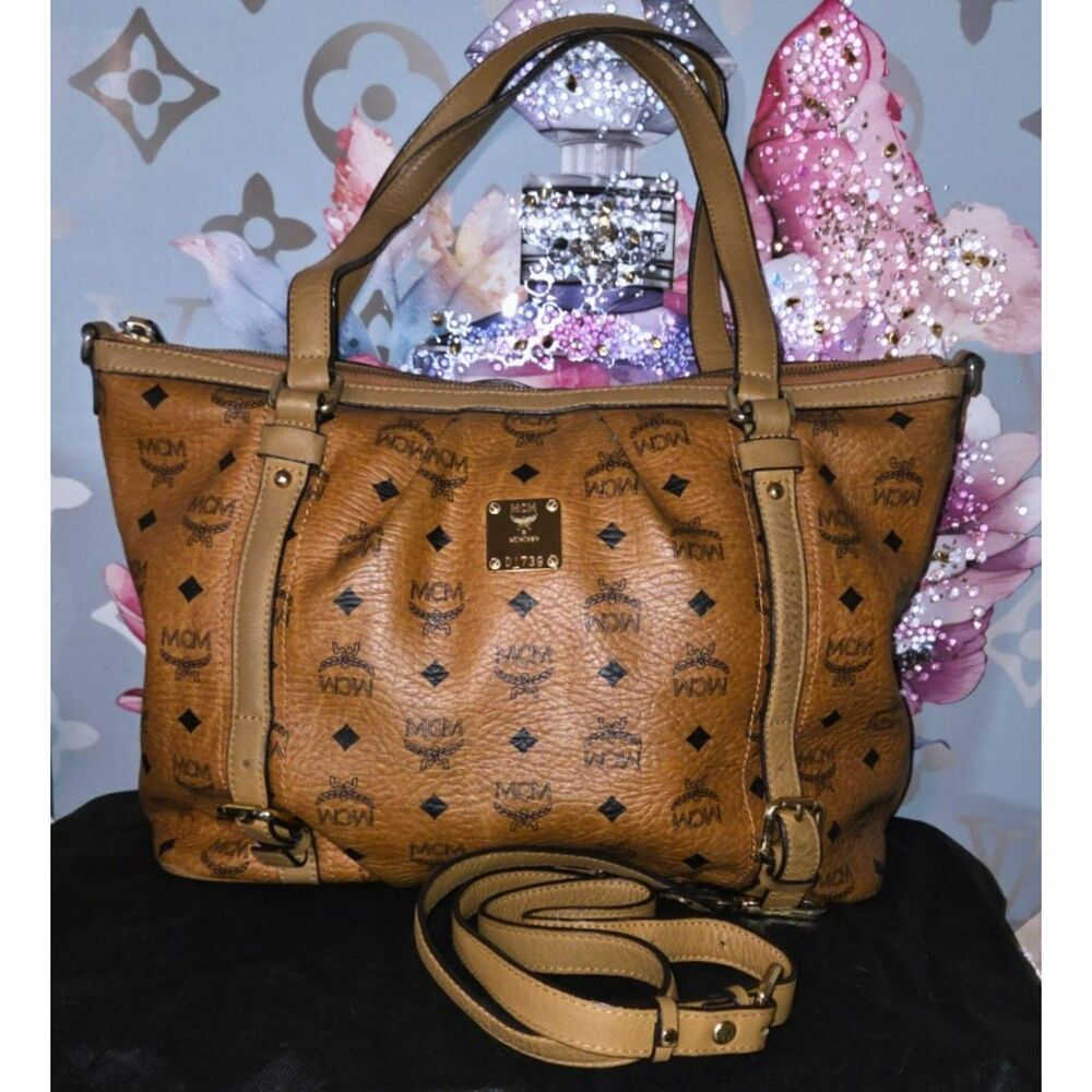 Authentic MCM Cognac Visetos Pleated Satchel with Crossbody Strap